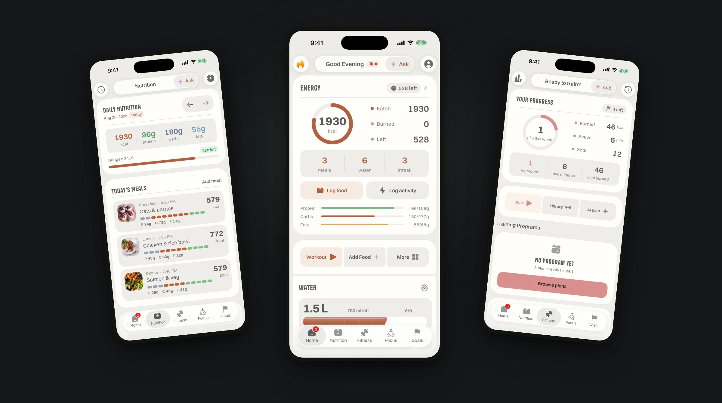 Three Ohga app screens — nutrition log, home dashboard with energy ring, and fitness progress