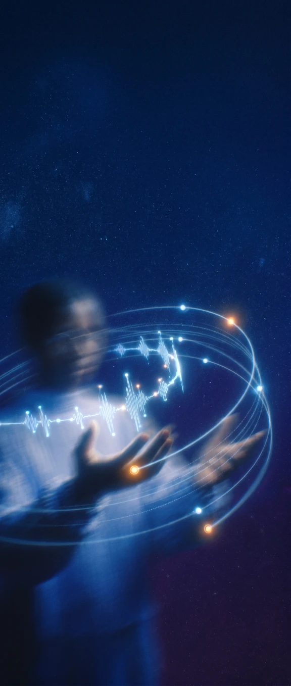 Abstract silhouette with voice waveform and glowing data points