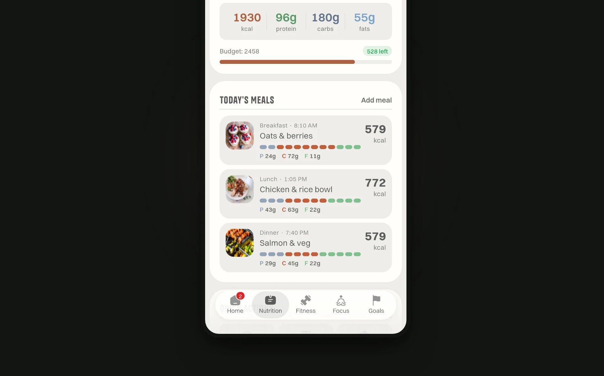 Ohga nutrition log — meals captured by photo with calories and macros