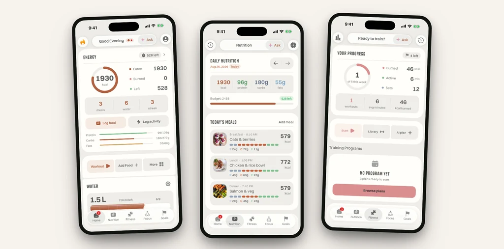 Ohga product screens — nutrition, training, and recovery in one interface