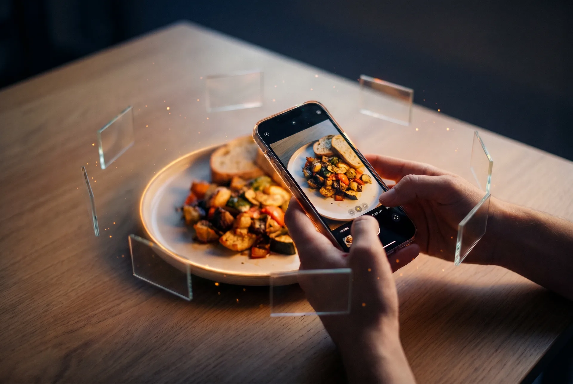 Overhead photo of a meal being captured with a phone camera